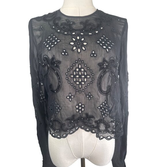 ZARA Black Sheer Small Long Sleeve Embroidered Beaded Blouse - Picture 2 of 16